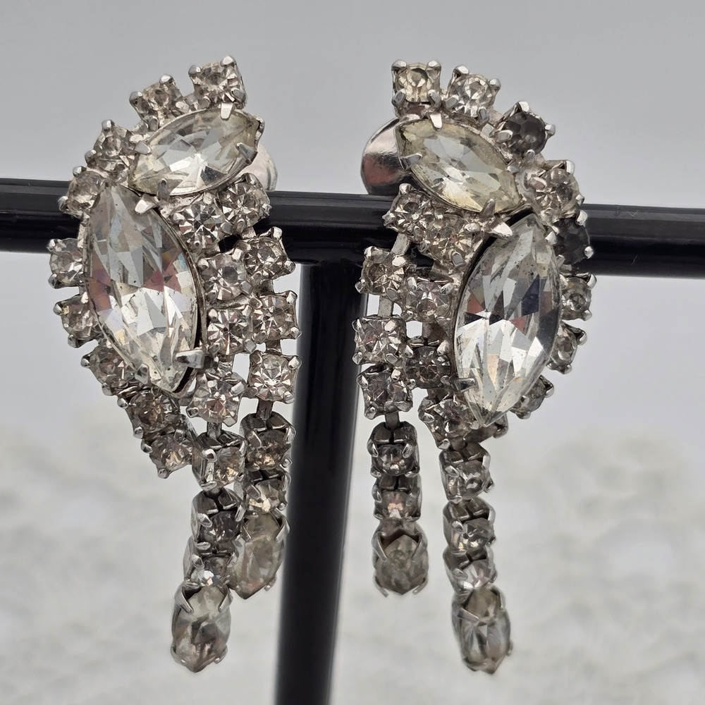 Kramer New York Vintage Rhinestone Clip On Earrings Silver Tone Waterfall Fringe